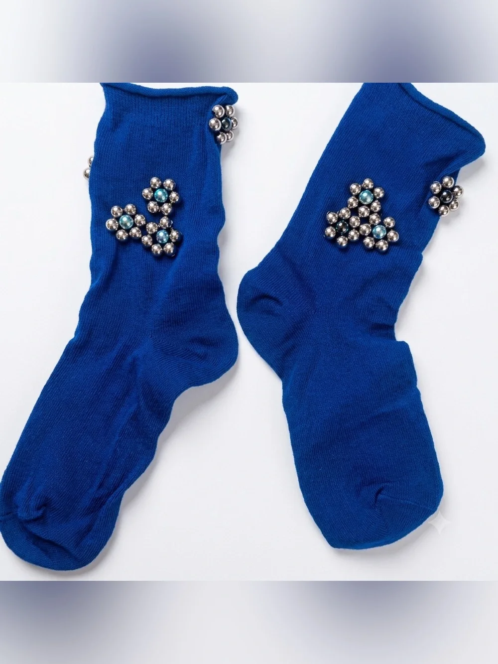 Christmas blue stainless steel snowflakes socks, adult size, artisan made